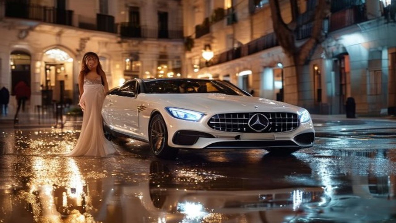 Mujer elegante junto a un Mercedes-Benz blanco de noche — LadyFly
